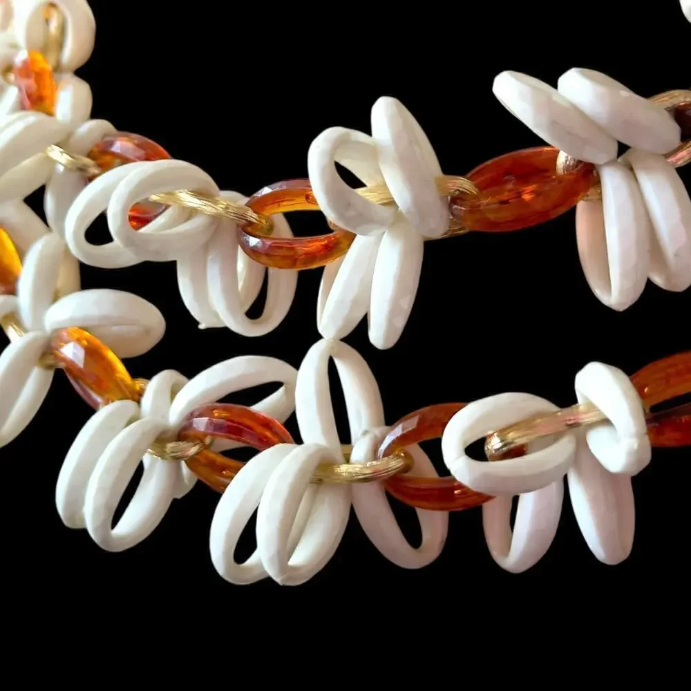 30” Lucite Chain Necklace in White and Warm Brown Tortoiseshell Vintage 1960’s